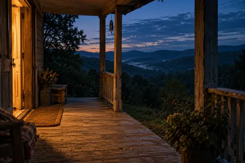Amber porch light against blue Appalachian hills