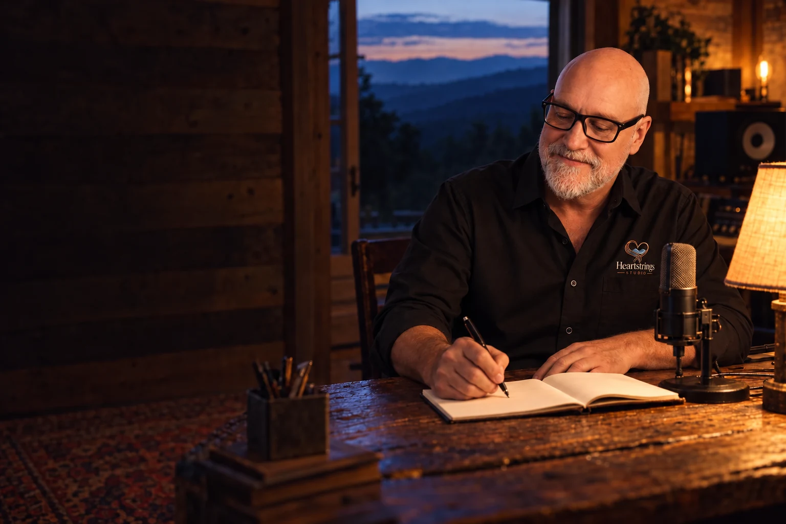 A portrait-inspired scene of Tim writing in a warmly lit Appalachian studio