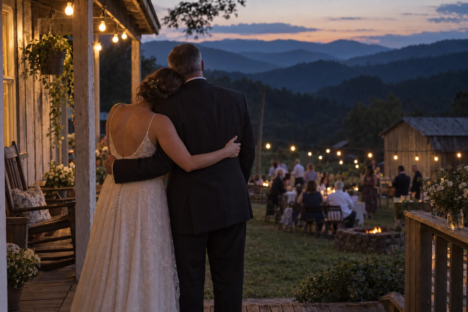 A father and daughter embracing beside an Appalachian wedding gathering